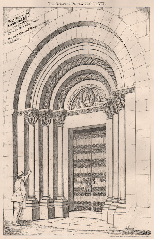 Doorway, Corneilla Church nr Prades, Pyrénées-Orientales 1873 old print